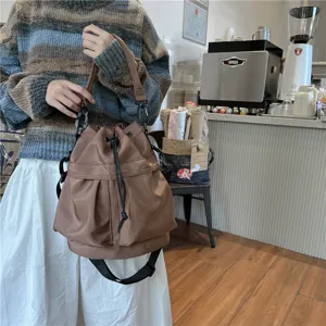 Women Casual Nylon Bucket Bag Large Capacity Solid Color Drawstring Shoulder Bag Autumn Winter Daily Tote Bag