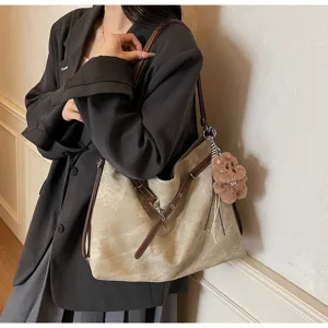 Retro matte tote shoulder bag with brown leather straps and cute bear pendant for women.