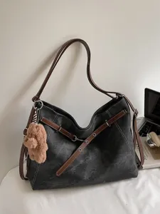 Women Retro PU Leather Tote Bag Casual Large Capacity Shoulder Bag With Cute Bear Pendant Vintage Daily Purse
