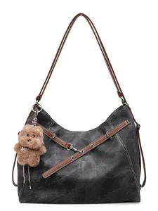 Vintage dark grey canvas shoulder tote bag with brown leather straps and cute bear charm.