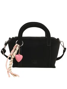 Black lychee texture women handbag, stylish shoulder crossbody bag with pink heart pendant.