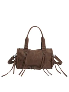 Brown vintage motorcycle style large capacity tote shoulder bag with tassels and buckle strap.