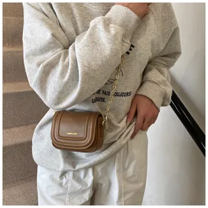 Stylish women's brown crossbody mini bag with gold chain strap, chic daily fashion accessory.
