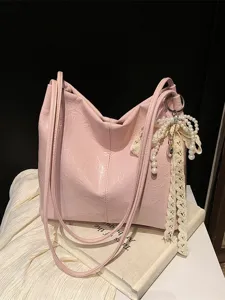 Pink large capacity shoulder bag for women casual versatile commuter tote bag with bow