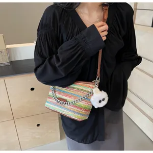 Colorful Woven Straw Bucket Bag Crossbody Handbag with Metal Chain and Cute Plush Charm
