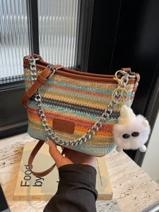 Womens Straw Bucket Bag Colorful Woven Crossbody Bag Casual Summer Beach Shoulder Handbag With Chain And Plush Pendant