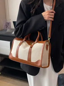 Damen Reise-Damentasche aus Leinen Leder Stilvolle Boston Handtasche für Wochenendausflüge