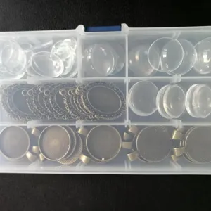 DIY jewelry accessories set with vintage bronze pendant trays and clear glass cabochons.