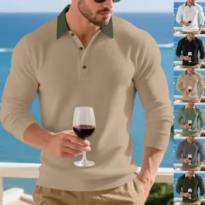 Men's long sleeve ribbed polo shirt casual contrast collar knit top spring fall fashion wear