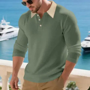 Men's long sleeve knitted polo shirt, casual ribbed sweater with contrast lapel for vacation.