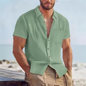 Men's solid color linen short sleeve casual lapel loose breathable summer shirt top. Stylish.