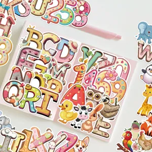 Close-up of cute cartoon alphabet letter and number stickers with adorable animal designs.