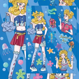 Cute cartoon anime superpower girl sticker detail showing waterproof decorative elements.