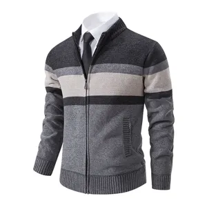Men's Casual Color Block Fleece Lined Knit Cardigan Jacket Stand Collar Full Zip Thick Warm Winter Sweater Coat