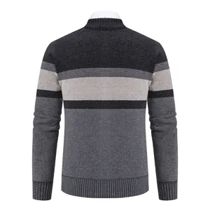 Back view detail of men winter thick color block knitted cardigan sweater jacket design.