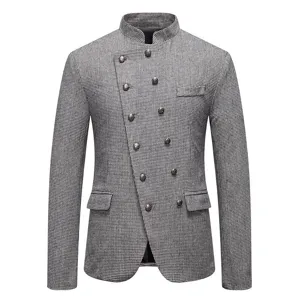 Hombres cuello alzado blazer asimétrico retro pata de gallo chaqueta ajustada slim