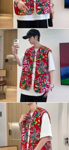 Men's Chinese style floral vest detail view, red peony pattern mandarin waistcoat daily wear.