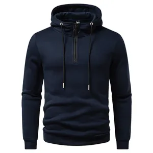 Men's casual navy blue half-zipper hooded sweatshirt long sleeve basic pullover top.