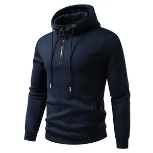 Detailed view of the men's navy blue half-zip hoodie featuring a stylish drawstring and hood.