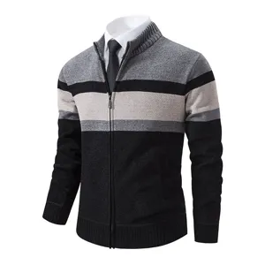 Men's winter colorblock knit cardigan sweater, stand collar full zip warm outerwear knitwear.