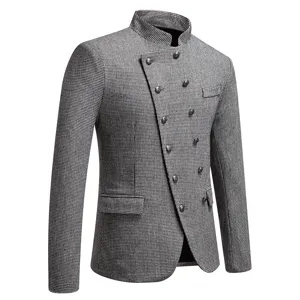 Elegante chaqueta blazer de hombre pata de gallo cuello alto slim cruzada asimétrica