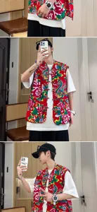 Men's traditional floral print vest Chinese style sleeveless top casual vintage waistcoat