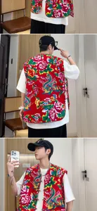 Men Chinese traditional floral print vest sleeveless vintage streetwear top spring summer
