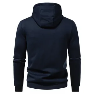 Back view detail of a men's solid navy blue hooded sweatshirt showcasing clean stitching.