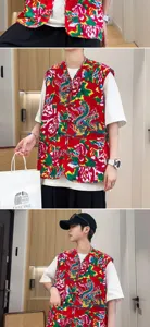 Men chinese style floral vest detail view, traditional red print waistcoat for summer.