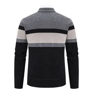 Detailed back view of men's color-block knitted cardigan showing striped pattern and collar.