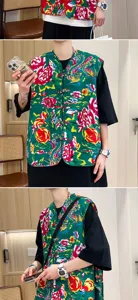 Men Chinese style floral vest detail, traditional Northeast big flower print, sleeveless retro Tang suit top.