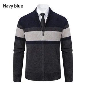 Men's winter thick color-blocked knitted cardigan jacket with full zip and stand collar.