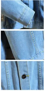 Herren lässige Waschung Jeansjacke Detailansicht mit Stoff, Bündchen und Knöpfen.