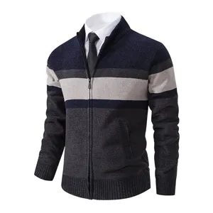 Men's colorblock knit cardigan jacket with stand collar and zipper, winter warm wear.