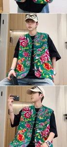 Men's Chinese style floral vest vintage traditional print waistcoat sleeveless top casual