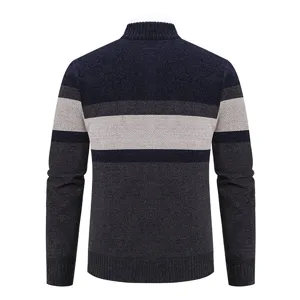Men's winter thermal color-block knit cardigan, high collar back view detail display.