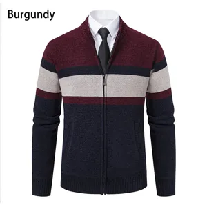 Men winter thick fleece color block knitted cardigan zip up sweater jacket warm outerwear