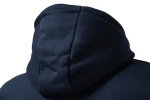 Close-up detail of the navy blue men's casual hooded sweatshirt hoodie fabric design.