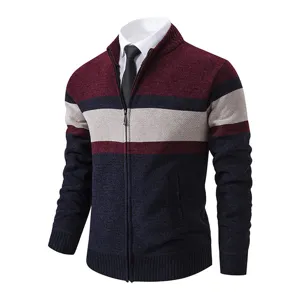 Men's colorblock knit cardigan sweater, thick fleece-lined zip up winter jacket details.
