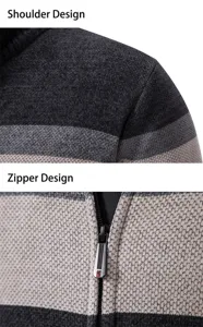 Men's winter color block knitted cardigan detail, showing shoulder knit and metal zipper design.