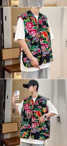 Men Chinese traditional floral print vest vintage button sleeveless top summer casual streetwear
