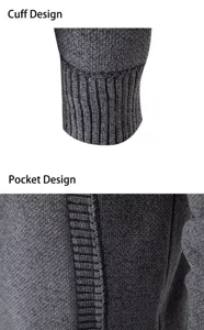 Men's knitted sweater cardigan detail featuring rib cuff and pocket design in dark grey.