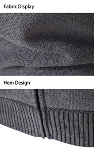 Men's knitted cardigan detail shot, showing textured gray fabric and ribbed hem design.