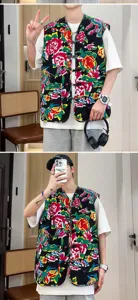 Men Chinese style floral vest vintage sleeveless jacket traditional casual outerwear top
