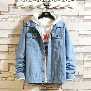 Herren Casual Winddicht Jeansjacke Fake-Zweiteiler Mit Kapuze Gewaschene Denim Jacke Oberbekleidung Herbst Winter Streetwear