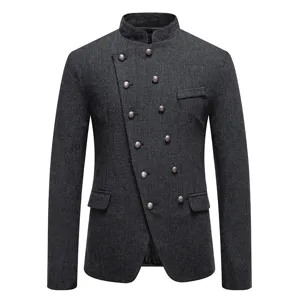 Blazer de Traje Hombre Invierno Slim Fit Cuello Mao Cruzado Asimétrico Gris Oscuro
