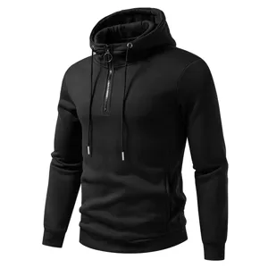 Men's solid black quarter-zip hoodie with adjustable drawstring hood, stylish casual outerwear.