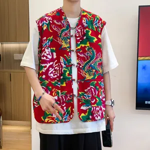 Men's Chinese traditional floral print vest vintage red sleeveless waistcoat streetwear