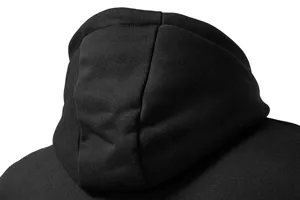 Close-up detail of the black casual hoodie hood, clean stitching and soft fabric texture.