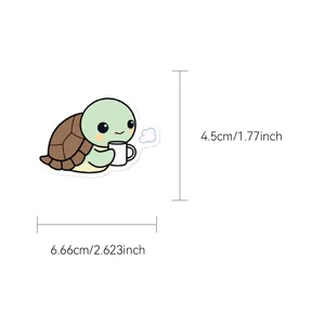 Cute cartoon turtle sticker with coffee mug, waterproof vinyl decal, detailed size view.